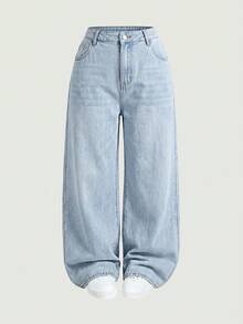 SHEIN PETITE CURVE Quần jean ống đứng dáng rộng màu xanh dương có túi dành cho nữ cỡ lớn - Rửa nhẹ - Xem 6
