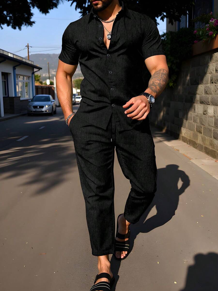 Manfinity Homme Men's Solid Color Short Sleeve Single-Breasted Shirt And Pants Casual Suit - Black - View 1