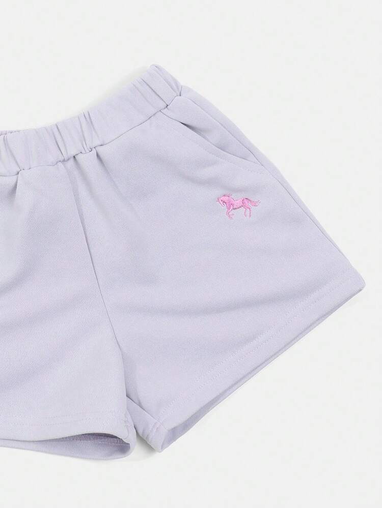 Girls Lavender Short Sleeve T-Shirt And Matching Shorts Set With Pink Pony Embroidery Detail Crew Neck Summer Casual Co-Ord Two Piece Outfit