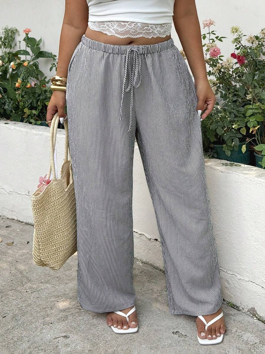 GalTyme Pantalones casuales de talla grande para mujer de primavera/verano con rayas, cintura con cordón y bolsillos en diagonal - Multicolor - Ver 1