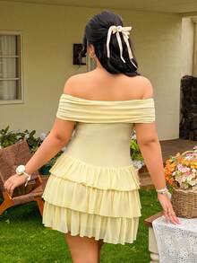 FleurLily Plus Size Women's New Elegant Lace Ruffle Backless Open Shoulder Fitted Ruched Dress, Suitable For Vacation, Spring/Summer Wear, Yellow Ruffle Dress, Sweet Open Shoulder Dress - Yellow - View 2