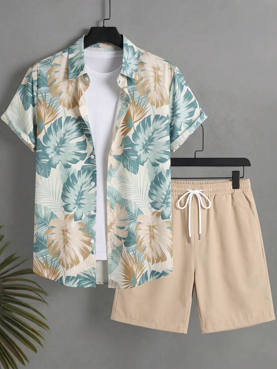 Surfspeed Men's Tropical Plant Print Button-Up Short Sleeve Shirt And Drawstring Waist Pocket Shorts Set,Beige Summer Boho Beach Holiday Holiday Hawaii Swim - Multicolor - View 1