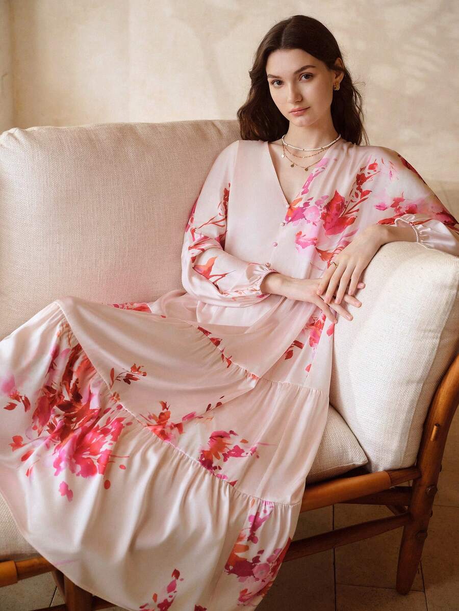 MOTF PREMIUM CAMISOLA LONGA DE CETIM ESTAMPADA COM DECOTE EM V PARA MULHERES, PRIMAVERA/VERÃO - Rosa chiclete - Visão 1