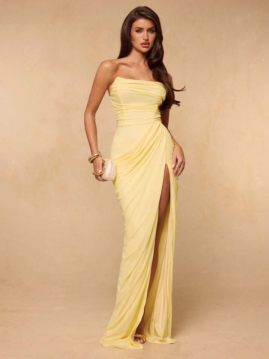 SHEIN BAE Đầm vàng trơn không tay, xếp ly, ôm sát, xẻ tà cao, thanh lịch, mềm mại, thích hợp cho kỳ nghỉ, đi biển, phù dâu, đám cưới, mùa xuân/hè. - Vàng nhạt - Xem 1
