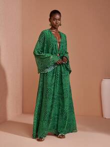 JIAN LASALA Long Sleeve V Neck O-Ring Maxi Dress Summer Vacation Women - Green - View 5