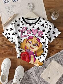 SHEIN | PAW Patrol 少女休闲度假通勤可爱卡通爱心字母印花短袖T恤，夏季 - 白色 - 查看 3