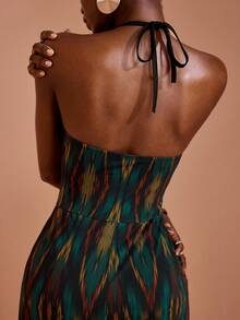 JIAN LASALA Dark Green All-Over Print Mesh Halter Neck Tie Sleeveless Wide-Leg Women Boho Sexy Jumpsuit Party Vacation Summer - Multicolor - View 1