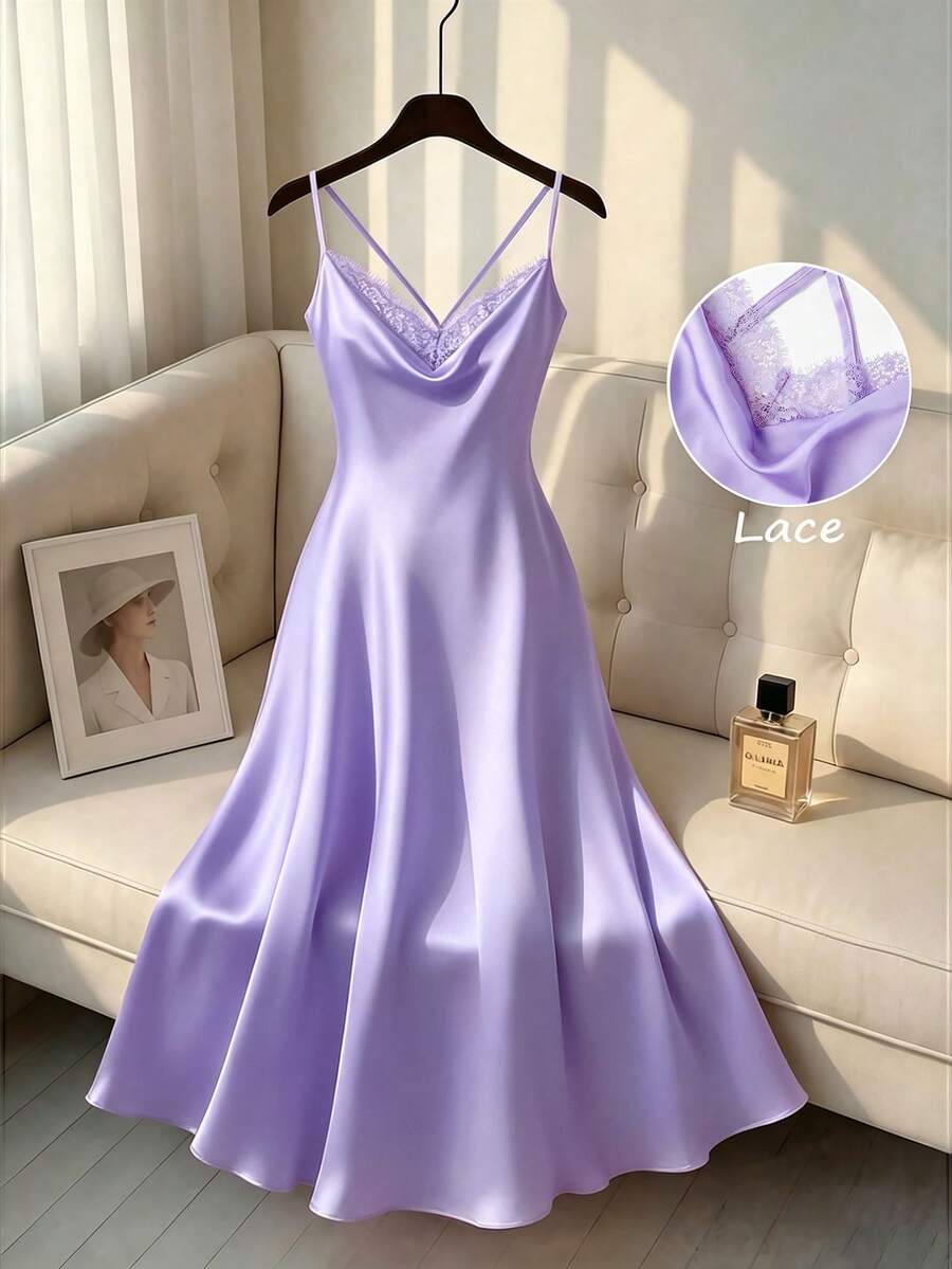 GlowEve CURVE Vestido de tirantes elegante con parches de encaje en talla grande de unicolor - Púrpura malva - Ver 1