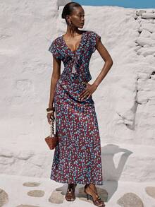 Aveloria Modichic Đầm chiffon chấm bi màu xanh hải quân, cổ chữ V, tay bồng, chất liệu nhẹ, in hoa, ôm eo, kiểu dáng thanh lịch cổ điển, phù hợp cho mùa xuân/hè, hẹn hò, tiệc ngoài trời, triển lãm nghệ thuật, tôn lên vẻ duyên dáng và trí tuệ. Bộ áo và chân váy chiffon chấm bi cổ chữ V, tay bồng, thoải mái và thời trang dành cho nữ. - Nhiều màu - Xem 5