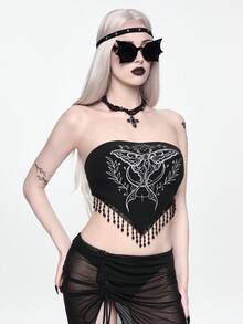 ROMWE Áo croptop kiểu Gothic tối màu thêu hình bướm, tua rua, buộc dây phía trước. - màu đen - Xem 5