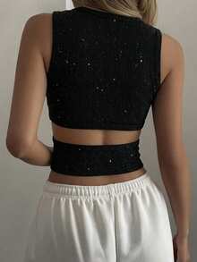 DAZY Women's Summer Round Neck Backless Hollow Design Fitted Cropped Casual Sexy Camisole Top - Black - View 3