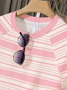 2pcs/Set Teen Girl Pink White Striped Raglan Sleeve T-Shirt&Drawstring Pocket Shorts,Summer Streetwear Party Minimalist Style Arc-Hem Essential Set - Multicolor - View 5