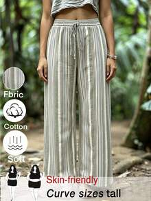 SHEIN Tall CURVE Plus Size Casual Striped Wide Leg Pants - Green - View 1