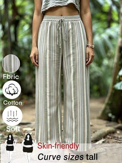 SHEIN Tall CURVE Plus Size Casual Striped Wide Leg Pants