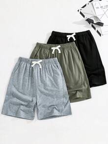 SHEIN 3pcs/Set Kids Tween Boy Casual Soft Comfortable Drawstring Shorts Set,Grey,Summmer,Casual,Hiking,Summer Outings,Travel,Vacation,Sports,Back To School - Multicolor - View 3
