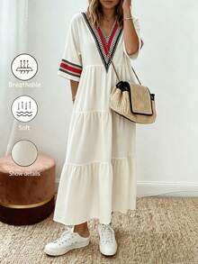 SHEIN Holidaya 女士休闲条纹拼接连衣裙 - 杏色 - 查看 5