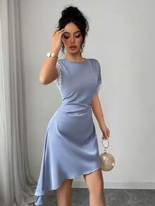 SHEIN Raffinéa Đầm satin mùa hè thanh lịch, ngọt ngào màu xám xanh phối ren, eo thắt lệch vạt, thích hợp cho các buổi hẹn hò, dành cho nữ. - Xám Xanh - Xem 5
