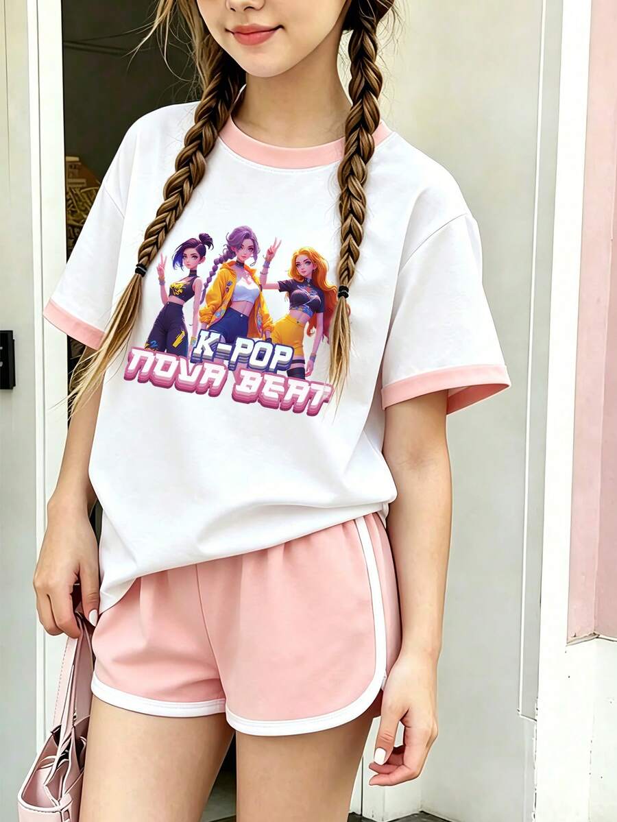 2pcs/Set Casual & Comfortable Cute Cool Girl Pattern Outfit For Tween GirlsFeaturing Cartoon K-POP Girl Design & K-POP Logo Print, Loose Fit Round Neck Short Sleeve T-Shirt Paired With Pink Shorts, Ideal For Summer Wear, Suitable For Leisure, Homewear And Outdoor Sports - White - View 1