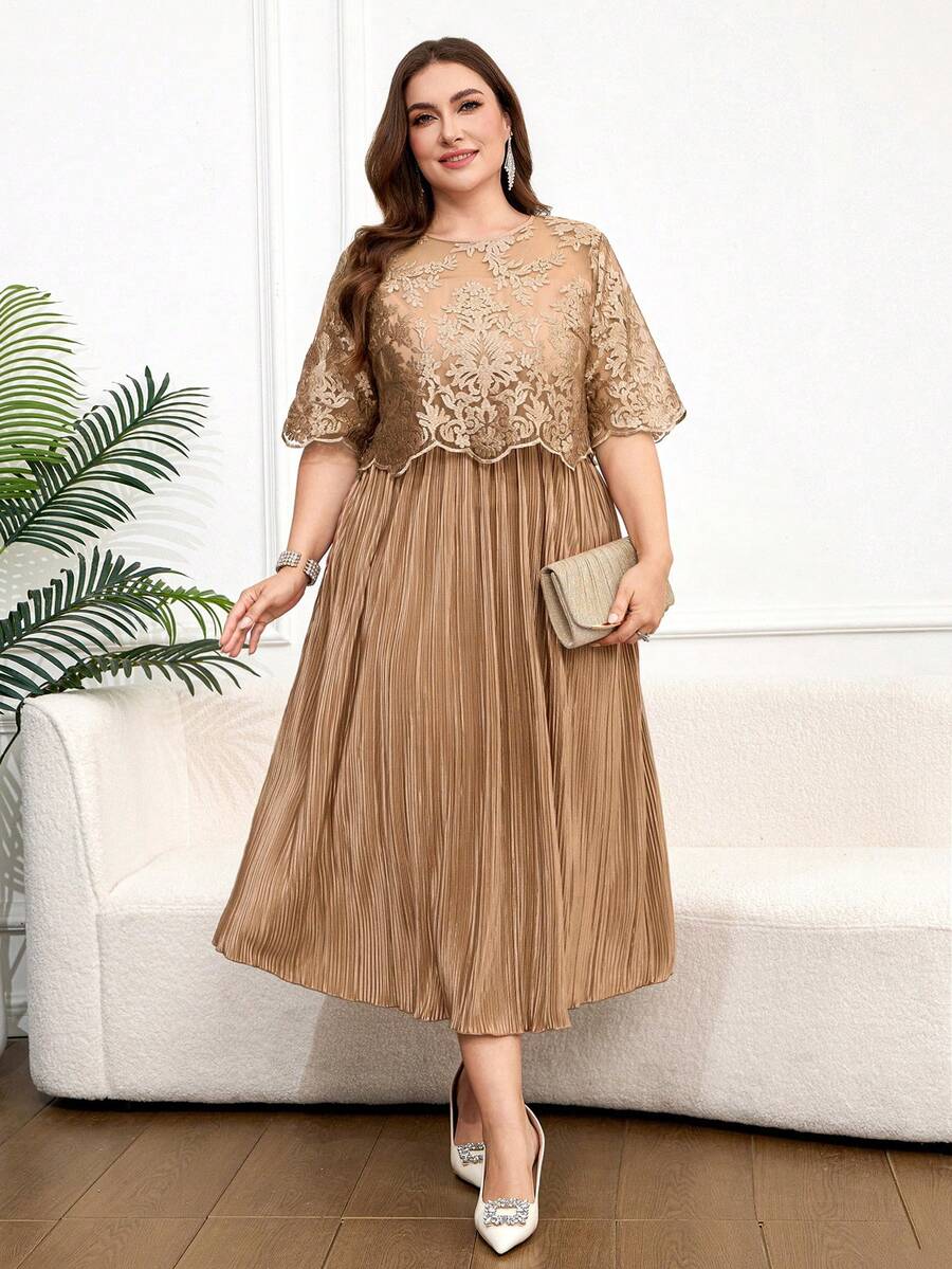 Reflora Plus Size Elegant Gold Embroidered Pleated Midi Dress,Summer Wedding Guest Outfits For Women,Curve Luxury Formal Evening Party Graduation Dresses - Brown - View 1