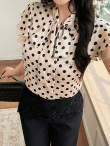 Feyla 女士时尚优雅波点印花系领荷叶袖衬衫 - 彩色 - 查看 3