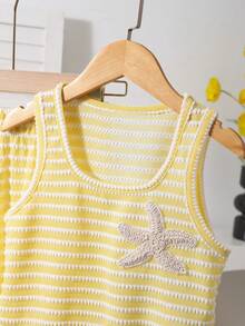 Tween Girls Casual All-Match Versatile Nordic Style Comfortable Knit Sleeveless Cropped Tank Top + Contrast Waistband Sweatpants Set - Yellow - View 5