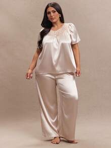 SHEIN BAE Plus Size Lace Patchwork Button Design Imitated Silk Top & Pants Pajama Set - Champagne - View 3