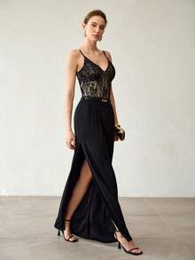 MOTF PREMIUM SEXY BLACK LACE PATCHWORK DRESS FOR WOMEN - Black - View 5