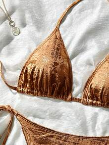 SHEIN Swim 女款金色掛脖前綁帶比基尼套裝，度假派對、海灘泳池派對、度假夏季性感休閒風 - 棕色 - 查看 3