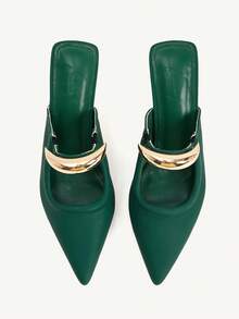 CUCCOO CHICEST Sepatu hak tinggi runcing wanita elegan dengan dekorasi bulan sabit emas, cocok untuk kerja, acara formal, pakaian kantor, sepatu selop, PU putih untuk liburan musim semi, Paskah, dan Natal. - Dark Green - View 2