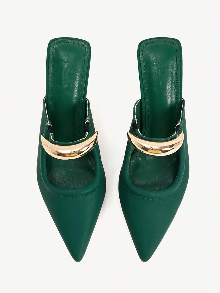 CUCCOO CHICEST Women's Elegant Gold Crescent Moon Decor Pointed Toe Stiletto Heel Pumps, Suitable For Work, Formal Occasions, Office Outfit, Mule Shoes, White PU Spring Break Easter For Christmas