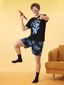 Men's Letter Print Short Sleeve T-Shirt And Shorts Pajama Set - Black - View 3