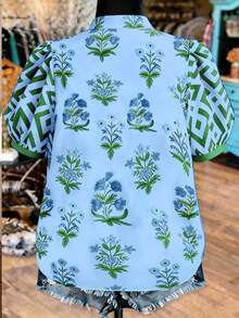 Linhara Plus Size Women's Vacation Puff Sleeve V-Neck Casual Holiday Printed Blouse, Spring/Summer Bohemian Style Vintage Tops - Blue - View 2