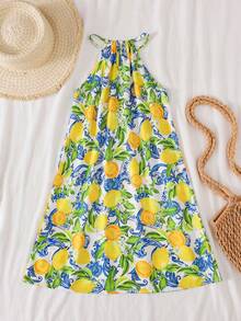 Tween Girl Casual Vacation Halter A-Line Lemon Print Dress - Yellow - View 2