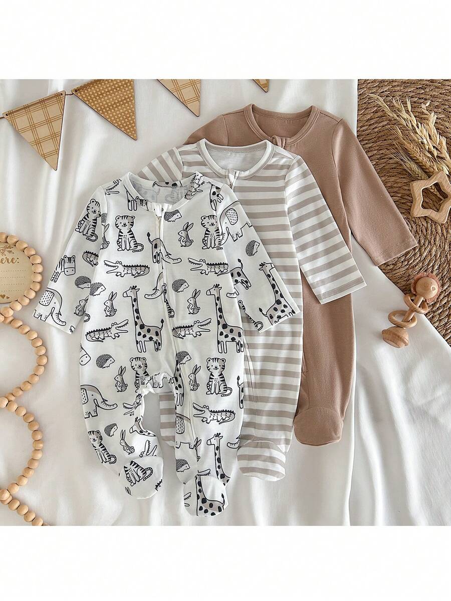 Loomiva Bộ đồ 3 món cho bé gái sơ sinh: Áo liền quần dài tay cổ tròn chất liệu mềm mại in hình động vật hoạt hình và quần dài. - Nhiều màu - Xem 1