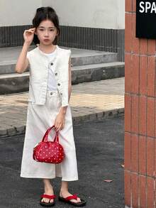 Dazy Kids Bộ đồ 2 món cho bé gái tuổi teen: Áo khoác denim và chân váy denim ống suông. - trắng - Xem 6