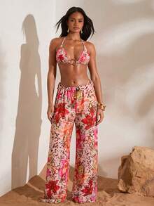 Opulessa Women's Sexy Backless Knot Halter Leopard & Floral Print Metal Decor Bikini Set Set, Suitable For Beach, Vacation - Multicolor - View 3