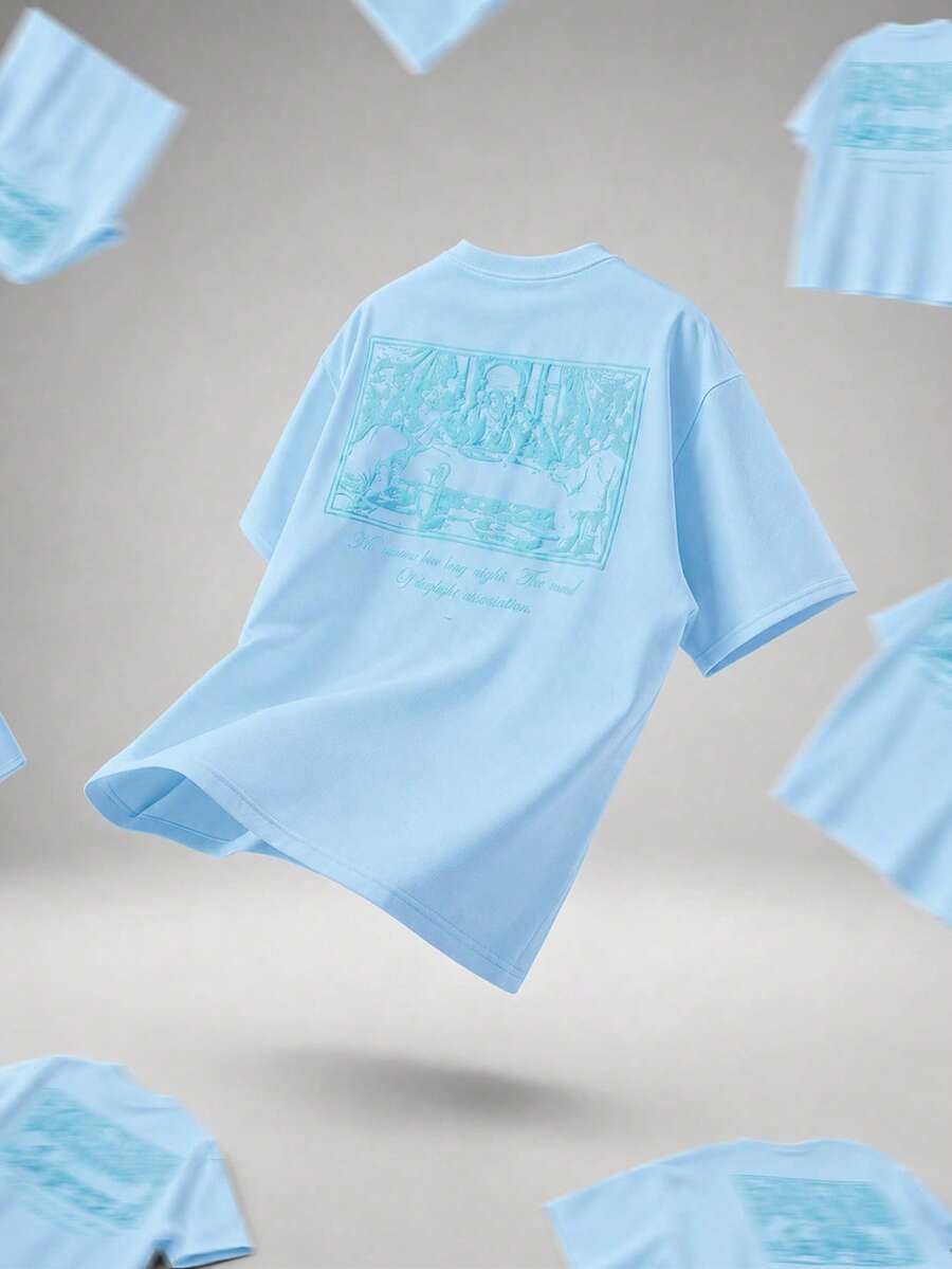 Manfinity Hypemode Camiseta casual de hombre con pintura en relieve 3D "La Última Cena", uso versátil diario, regalo para novio/esposo, aniversario - Azul cielo - View 1