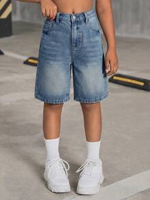 SHEIN Tween Girl Y2K Fashionable Stonewashed High Waist Flap Pocket Baggy Denim Shorts, Back To School Summer - Medium Wash - View 6