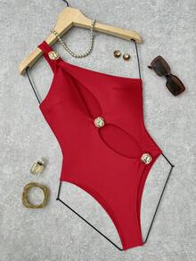 Bonvoyette Solid Color Hollow Out Asymmetric Metal Decor Swimsuit, One-Piece, Suitable For Beach Vacation - Red - View 4