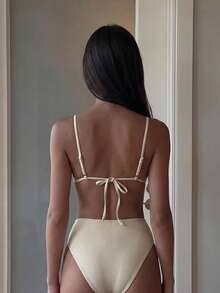 Bonvoyette Women's Summer Beach Solid Color Shiny Fabric Halter Triangle Top With Ruched Detail, Beaded Decor, Hollow Back Bikini Top And Shorts, Simple Casual Resort Swimwear Set - Beige - View 4