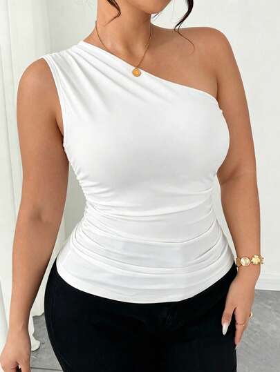 Elenzga Plus Size Ruched Asymmetrical Neck Tight Fitting Blouse, Fashionable Minimalist Casual Elegant Everyday Commuting Top For Women, Spring/Summer
