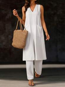 EMERY ROSE Débardeur ample à encolure en V pour femmes, débardeur minimaliste élégant sans dos en coton de style lin d'été, pantalon ample à jambes droites, style vacances - Blanc - Voir 6