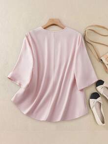 SHEIN CURVE+ 大码女式简约优雅通勤风亮片装饰纯色衬衫，适合日常外出、通勤和休闲穿着 - 粉色 - 查看 2