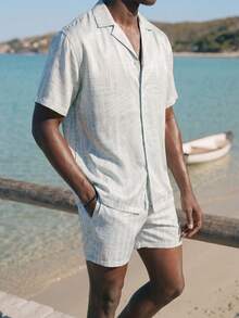 Palasendo Men's Summer Vacation Striped Front Button Shirt And Shorts Beach Outfit - Multicolor - View 6