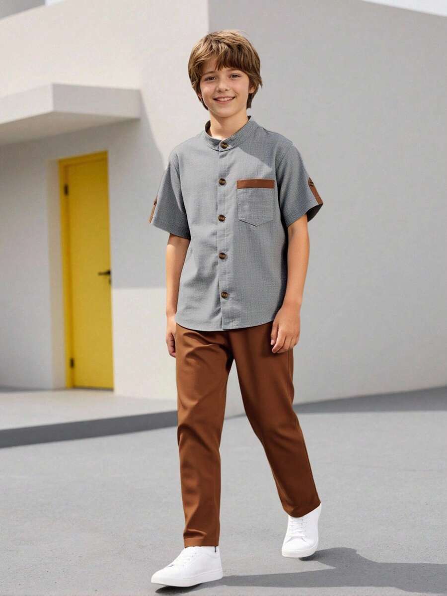 SHEIN 2pcs Tween BoysFashion Splicing Design Shirt & Casual Pants Set, Suitable For Spring/Summer Daily, Commute & Business Wear
