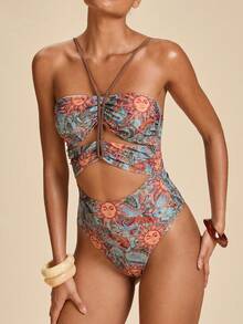 SHEIN TRVLCHIC Women's All-Over Print Halter One-Piece Swimsuit, Suitable For Beach Vacation, Pool Party, Beach Party - Multicolor - View 5