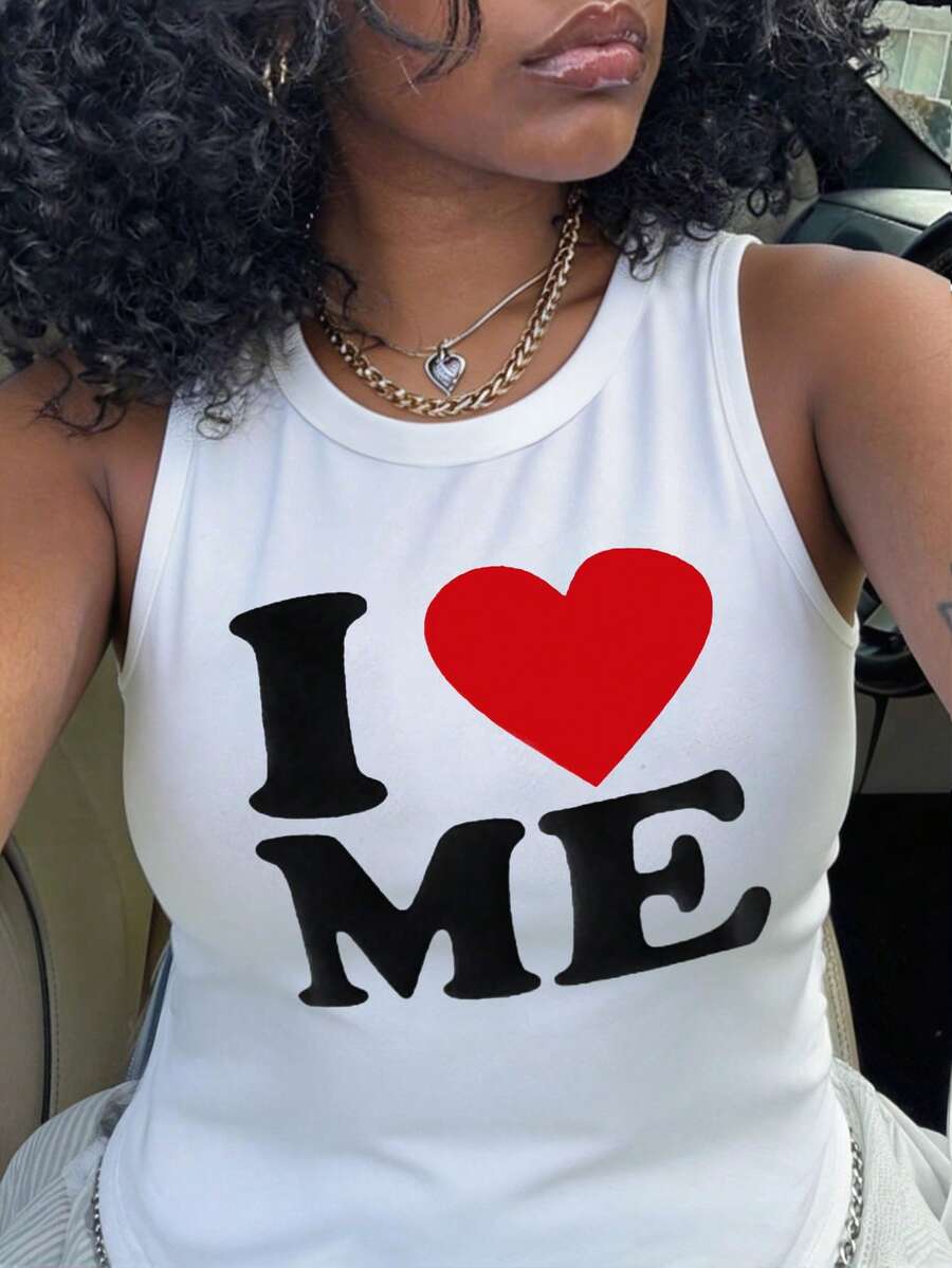 Maweii Plus Size Women Letter & Heart Print Casual Sleeveless Tank Top - White - View 1