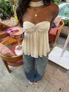 Aloruh Women's Elegant Sexy Halter Backless Camisole Top With Starfish Decor, White Color Golf Summer - Apricot - View 2