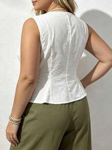 EMERY ROSE Camisa de chaleco de mujer talla grande con cuello en V y abotonadura sencilla - Beis - Ver 2