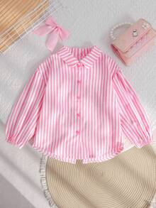 SHEIN Kids/Young Girls' Fashion Pink Striped Butterfly Decor Lantern Sleeve Shirt,White,Summer,School Back To School Casual Preppy Style Blouse - Pink - View 2